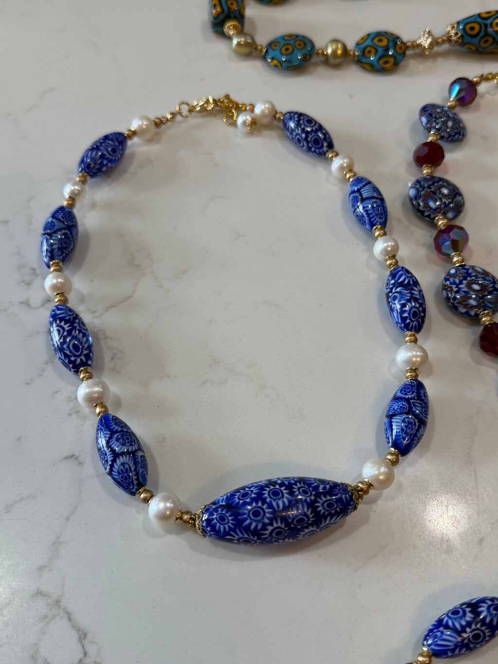 Rosario Leonardi Cobalt Blue Neckalce Featuring Handmade Murano Millefiori Torpedo Glass Beads