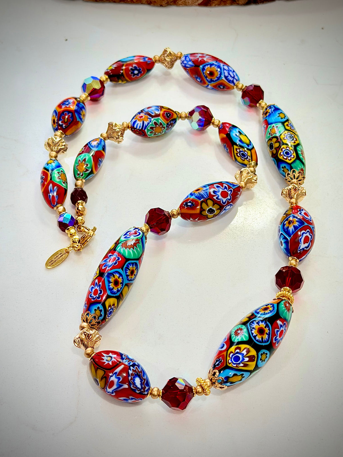 Rosario Leonardi Red Themed Necklace Featuring 12k GF Lantern Beads, Red A/B Vintage Swarovski Crystals & Exclusive Custom Beads Made just for our shop