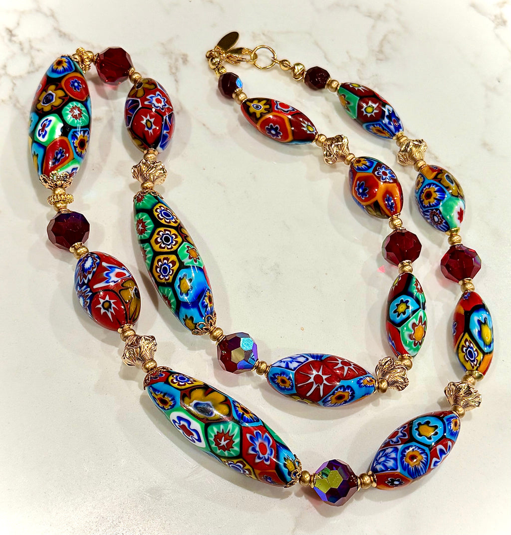 Rosario Leonardi Red Themed Necklace Featuring 12k GF Lantern Beads, Red A/B Vintage Swarovski Crystals & Exclusive Custom Beads Made just for our shop