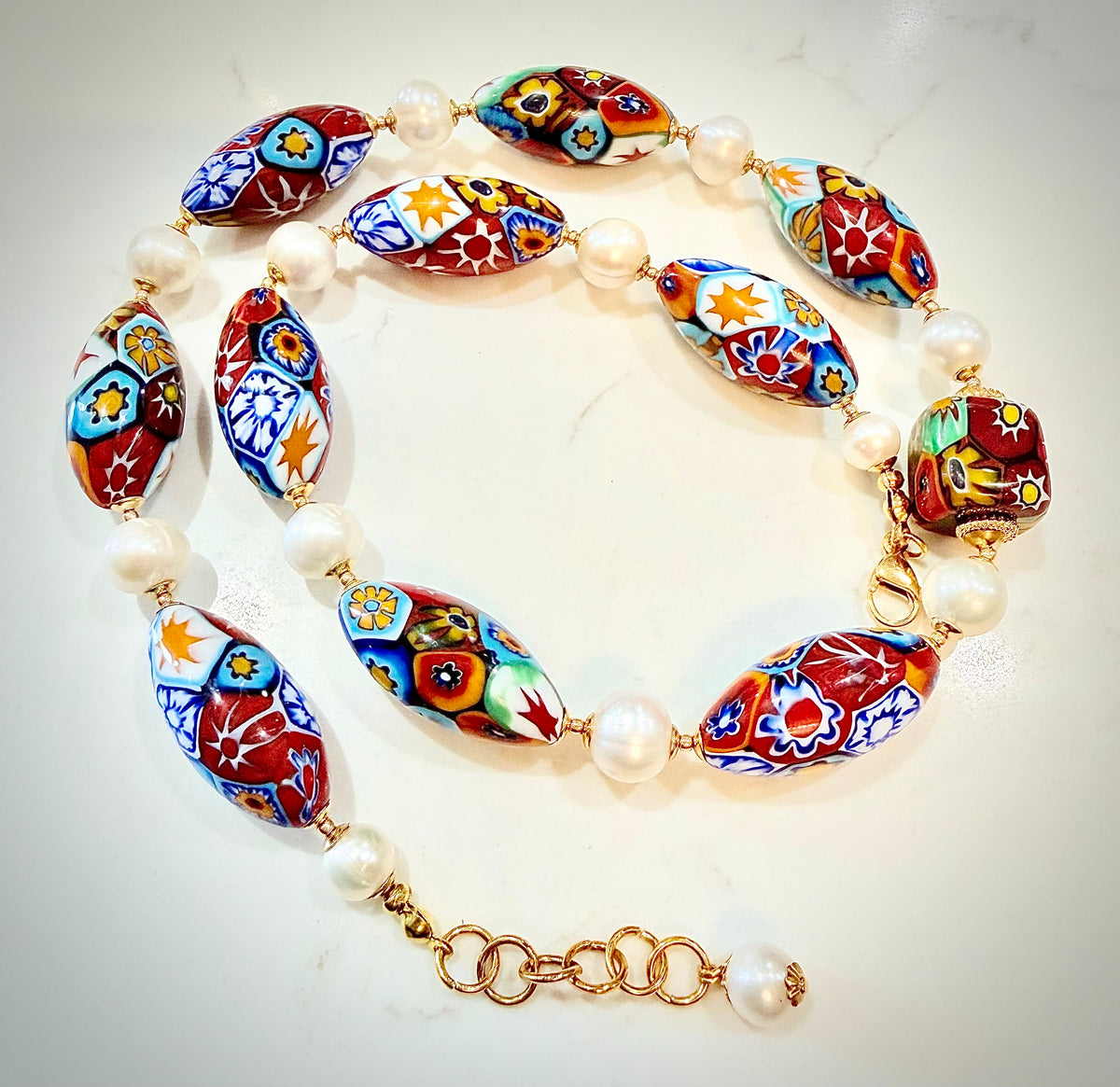 Rosario Leonardi Freshwater White Pearl & Moretti Red Mixed Beaded Necklace