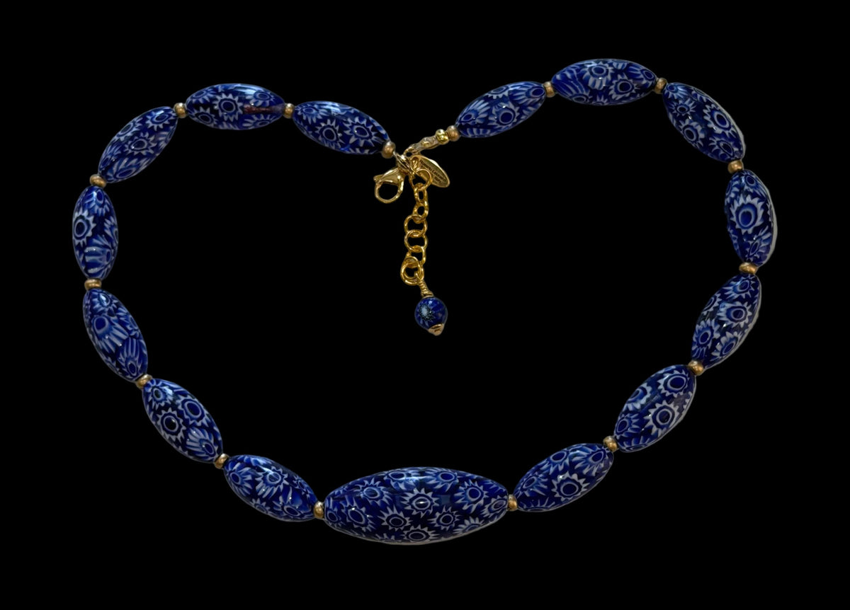 Rosario Leonardi Cobalt Blue Neckalce Featuring Handmade Murano Millefiori Torpedo Glass Beads
