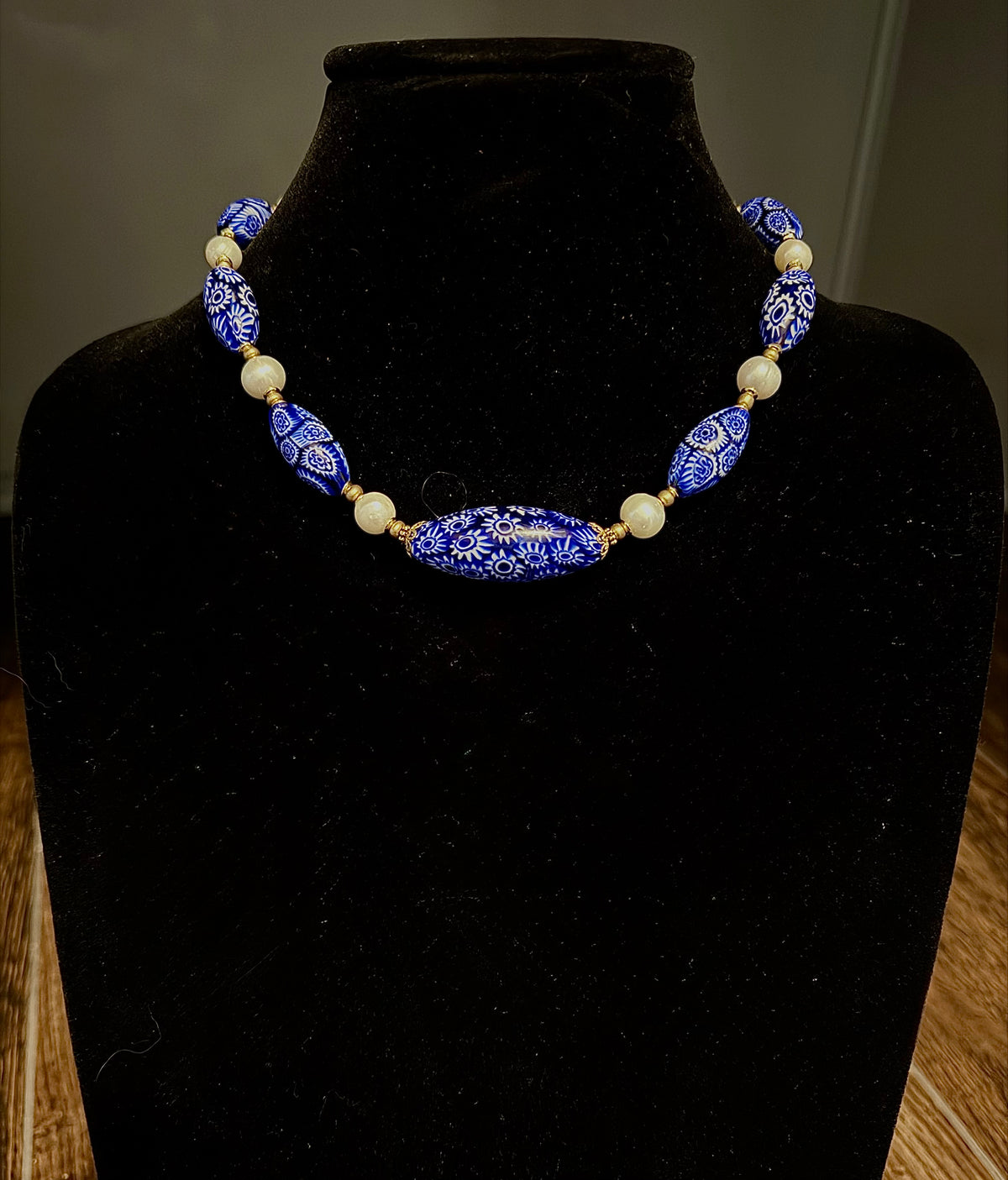 Rosario Leonardi Cobalt Blue Neckalce Featuring Handmade Murano Millefiori Torpedo Glass Beads