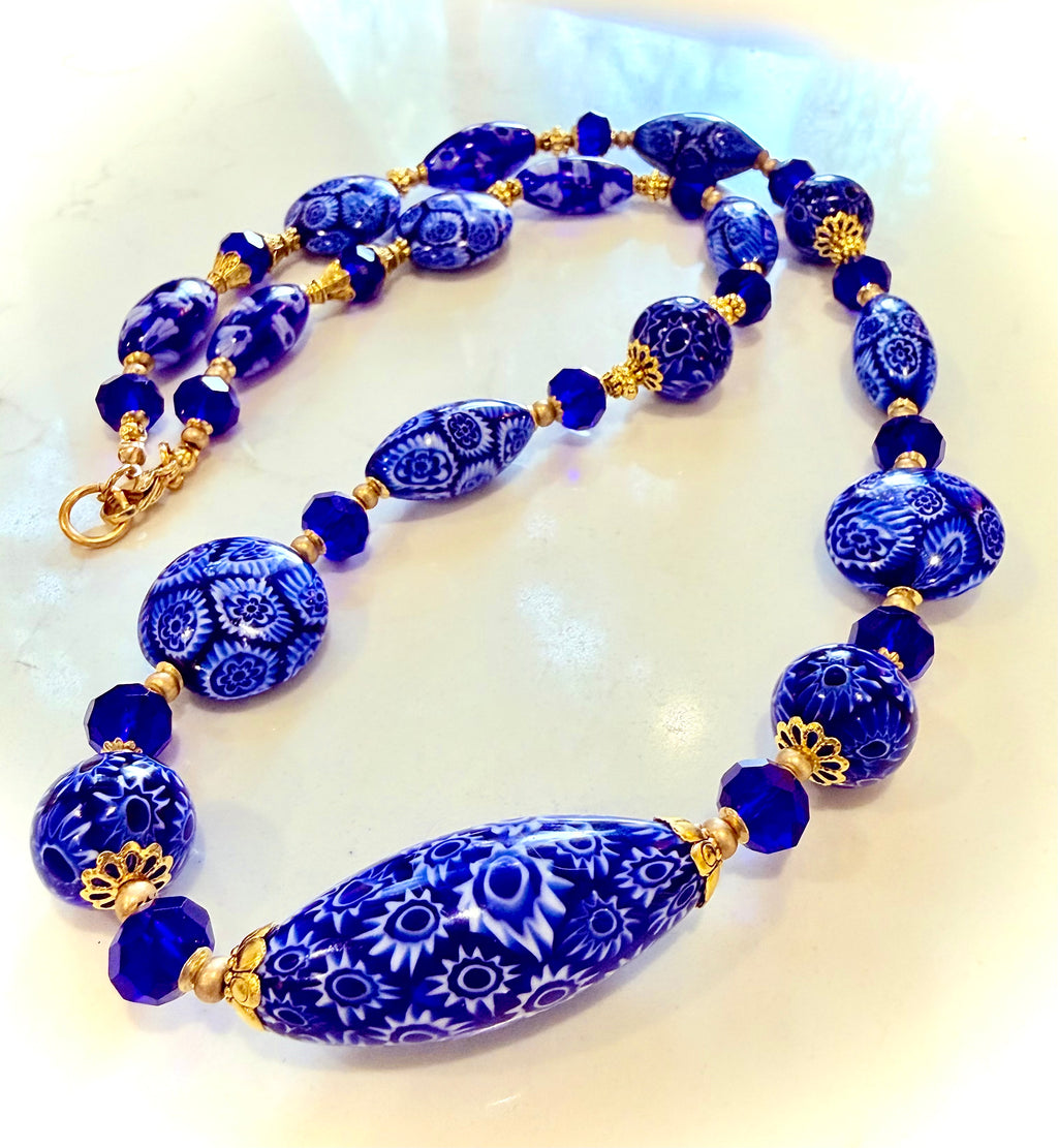 Rosario Leonardi Exclusive Ercole Moretti Cobalt Blue/ White Murano Millefiori Beaded Necklace-Choose your lenght