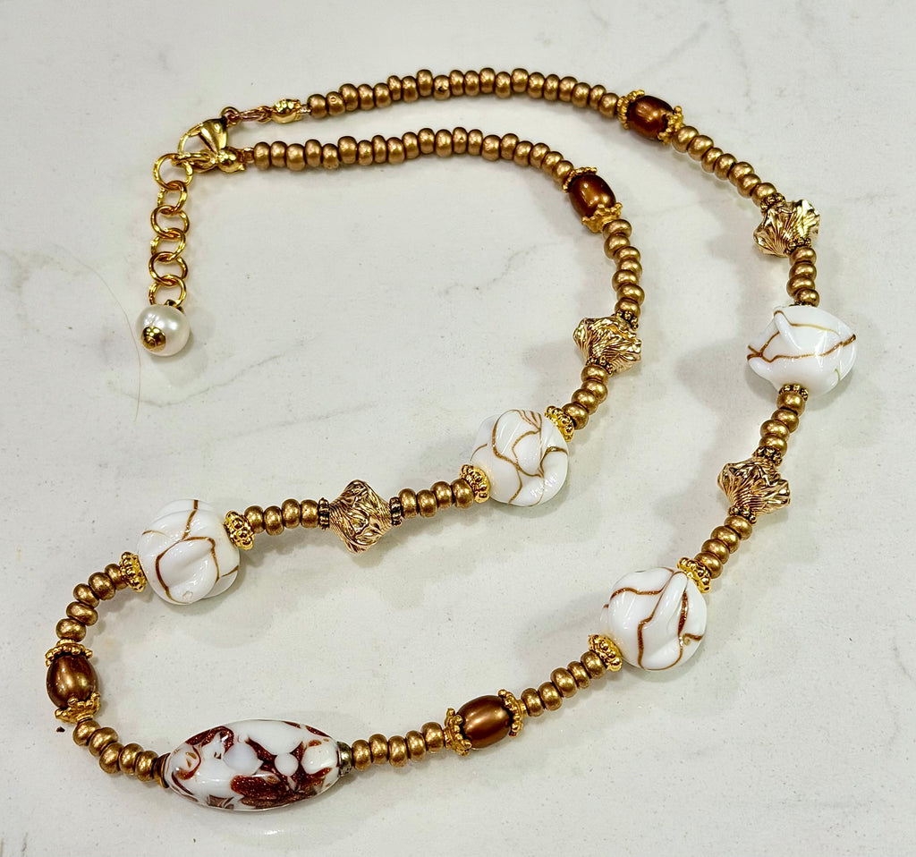 Petite Rosario Leonardi Gold Aventurine Themed Necklace Featuring Pearls, 12k Gold Filled Beads, German Glass & Ercole Moretti Focal Bead