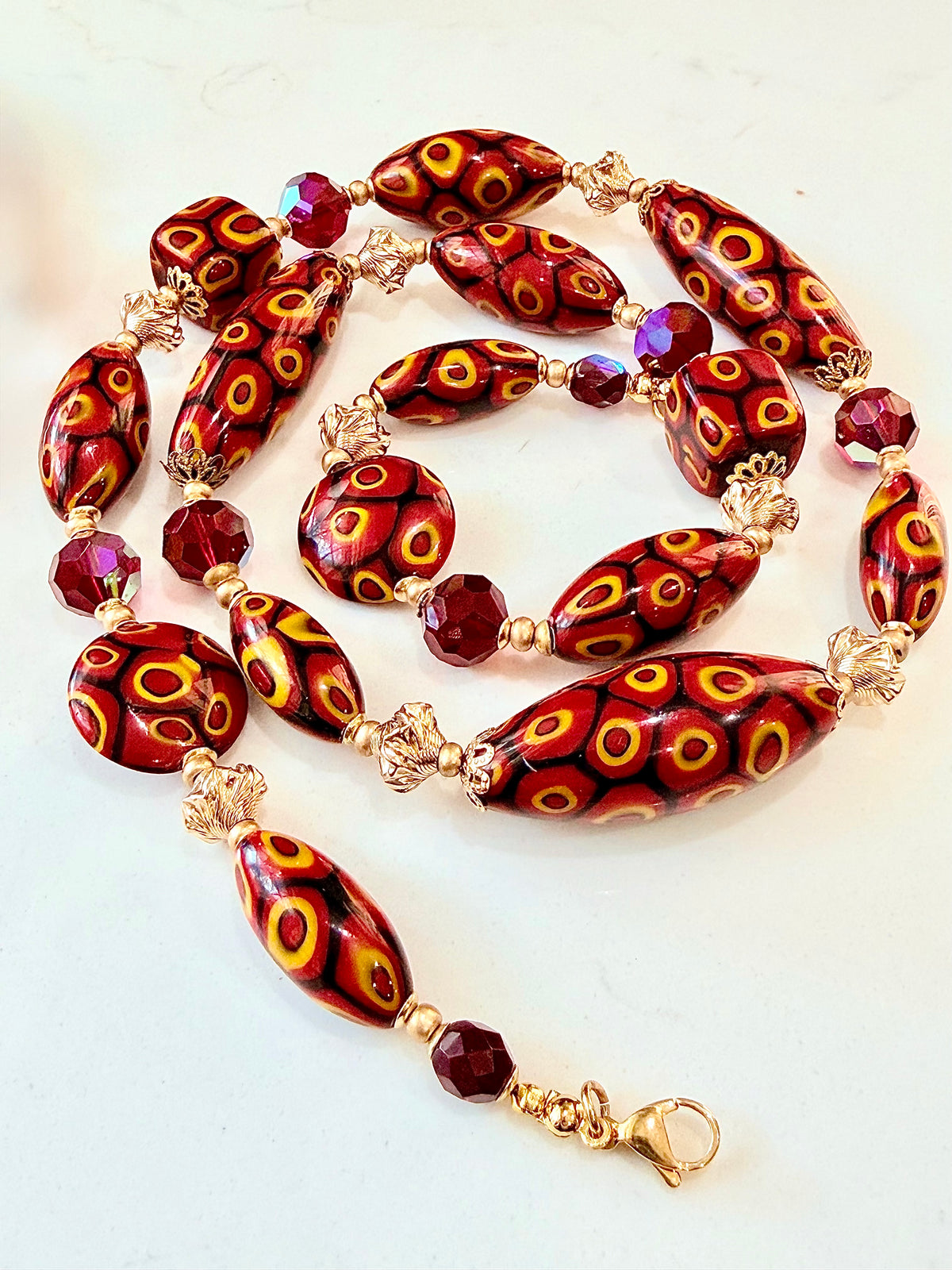 Rosario Leonardi Red & Orange Themed Necklace Featuring 12k GF Lantern Beads, Red A/B Vintage Swarovski Crystals & Exclusive Custom Beads