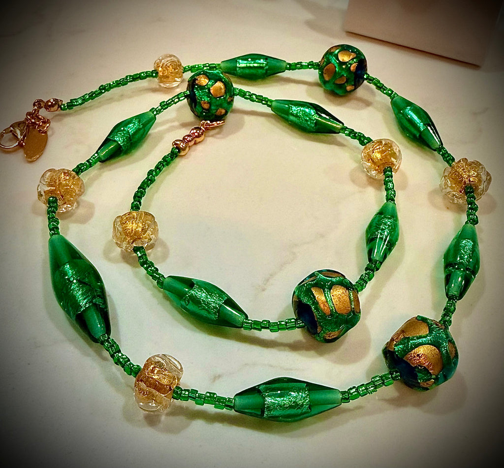 Rosario Leonardi “Boy That’s Green & Gold!” Murano Lampwork & Czech Glass Necklace, One of a Kind.