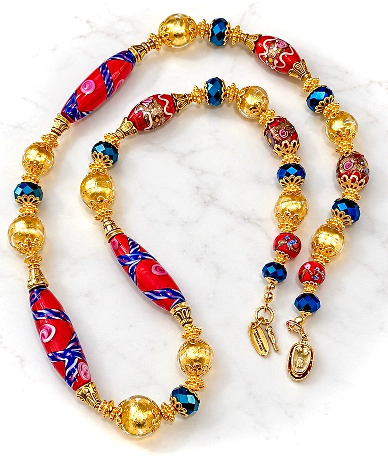 Rosario Leonardi Vintage Red Venetian Wedding Cake & 24K Yellow Gold Glass Beaded Necklace