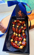 Rosario Leonardi Golden Shell Pearl With Moretti Red, Yellow & Black Beaded Necklace