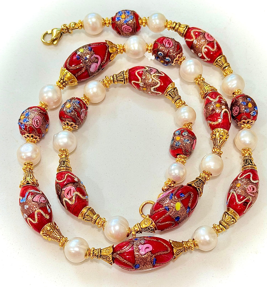 Rosario Leonardi Vintage Red Venetian Wedding Cake & White Freshwater Pearl Beaded Necklace