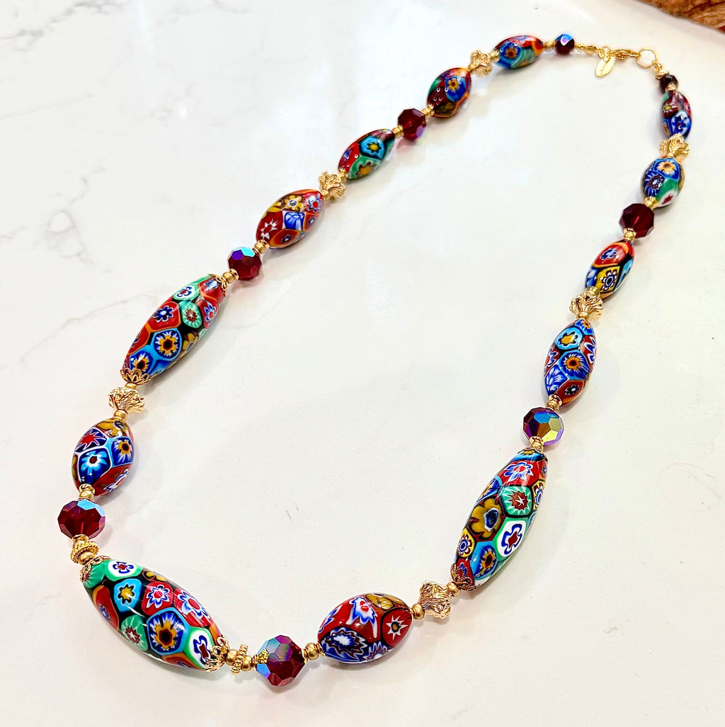 Rosario Leonardi Red Themed Necklace Featuring 12k GF Lantern Beads, Red A/B Vintage Swarovski Crystals & Exclusive Custom Beads Made just for our shop