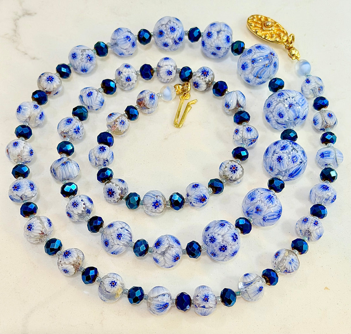 Rosario Leonardi “The Blues” Necklace Featuring Vintage Murano Millefiori and  Czech Cobalt Blue Glass Crystals