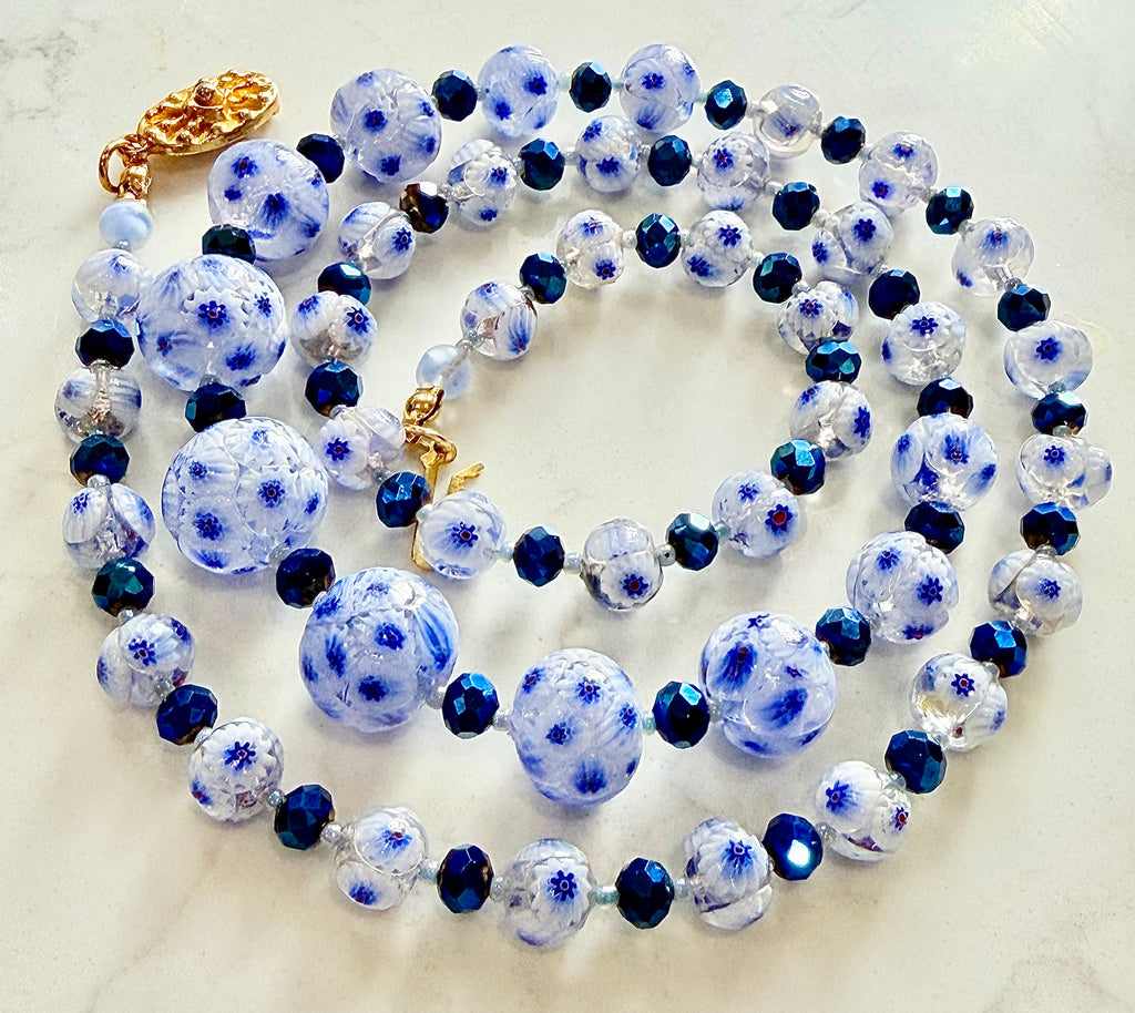 Rosario Leonardi “The Blues” Necklace Featuring Vintage Murano Millefiori and  Czech Cobalt Blue Glass Crystals