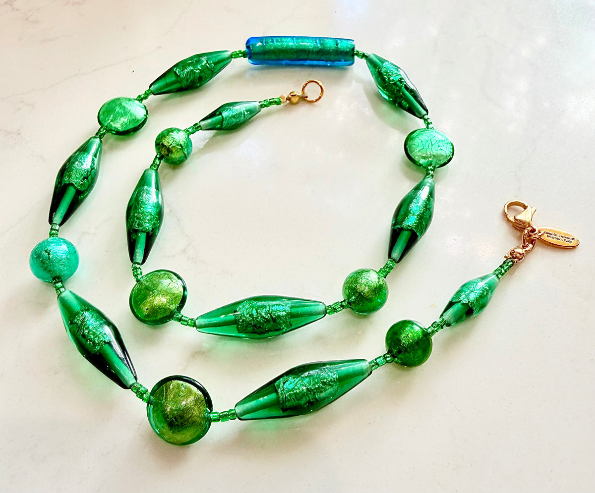 Rosario Leonardi “Boy That’s Green” Murano Lampwork & CzechGlass Necklace, One of a Kind.