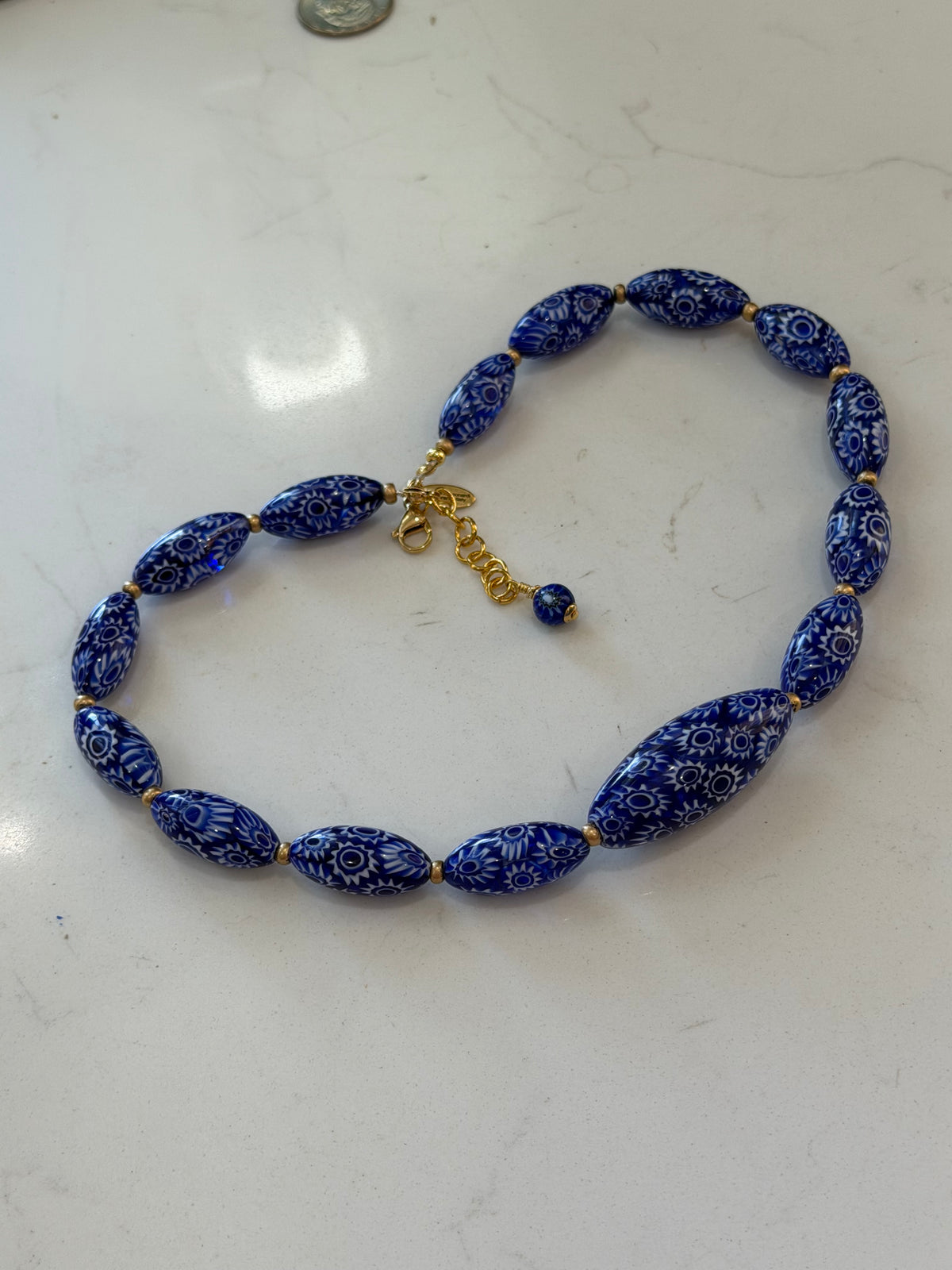 Rosario Leonardi Cobalt Blue Neckalce Featuring Handmade Murano Millefiori Torpedo Glass Beads