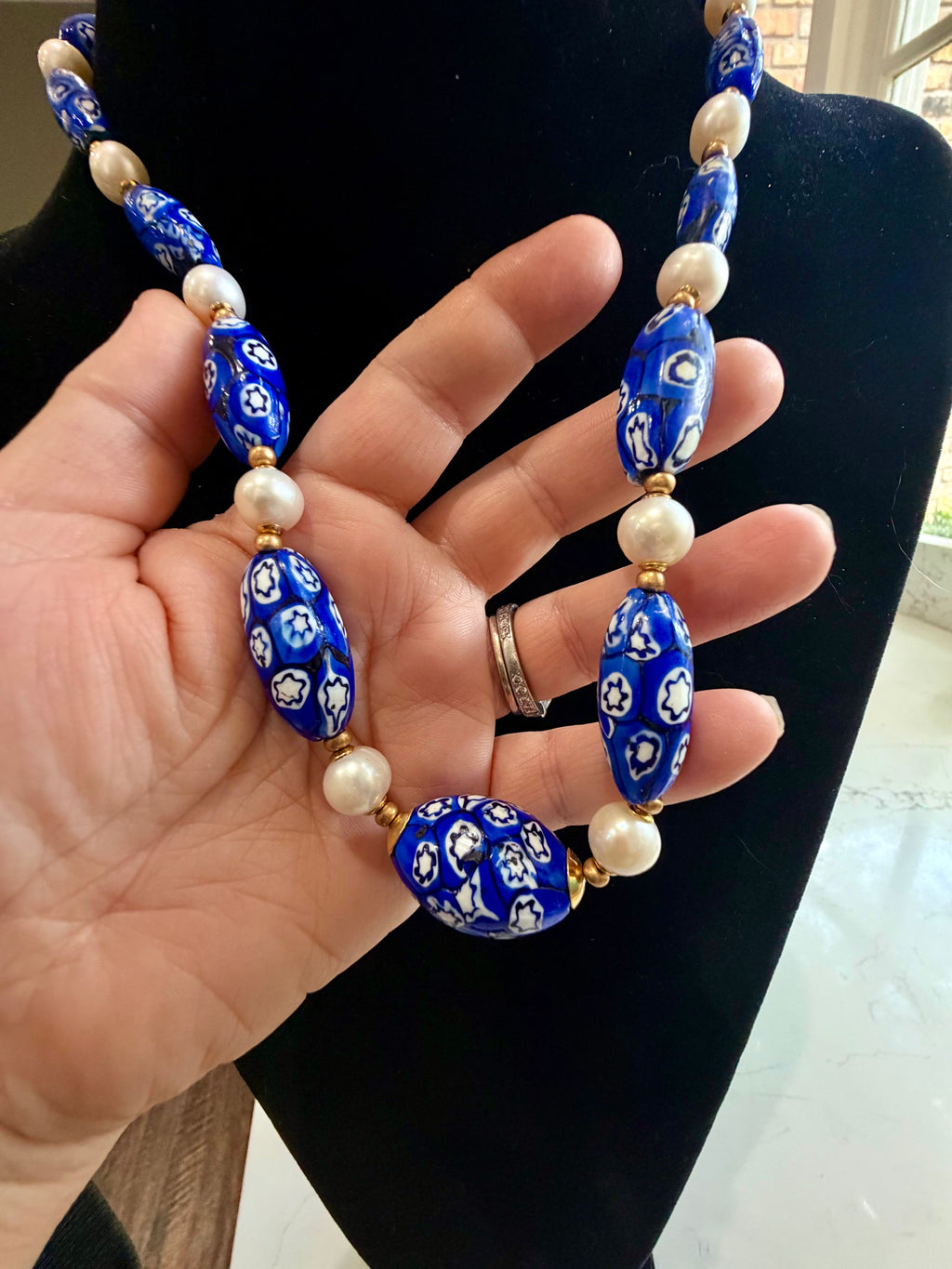 One Of A Kind 22”Blue & White Murano Glass Beads Paired with Fine White Freshwater Pears