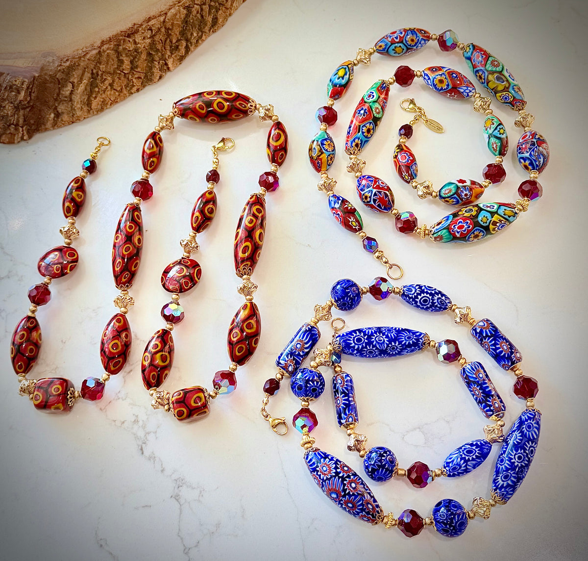 Rosario Leonardi Red Themed Necklace Featuring 12k GF Lantern Beads, Red A/B Vintage Swarovski Crystals & Exclusive Custom Beads Made just for our shop