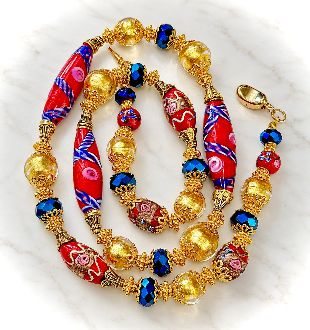 Rosario Leonardi Vintage Red Venetian Wedding Cake & 24K Yellow Gold Glass Beaded Necklace