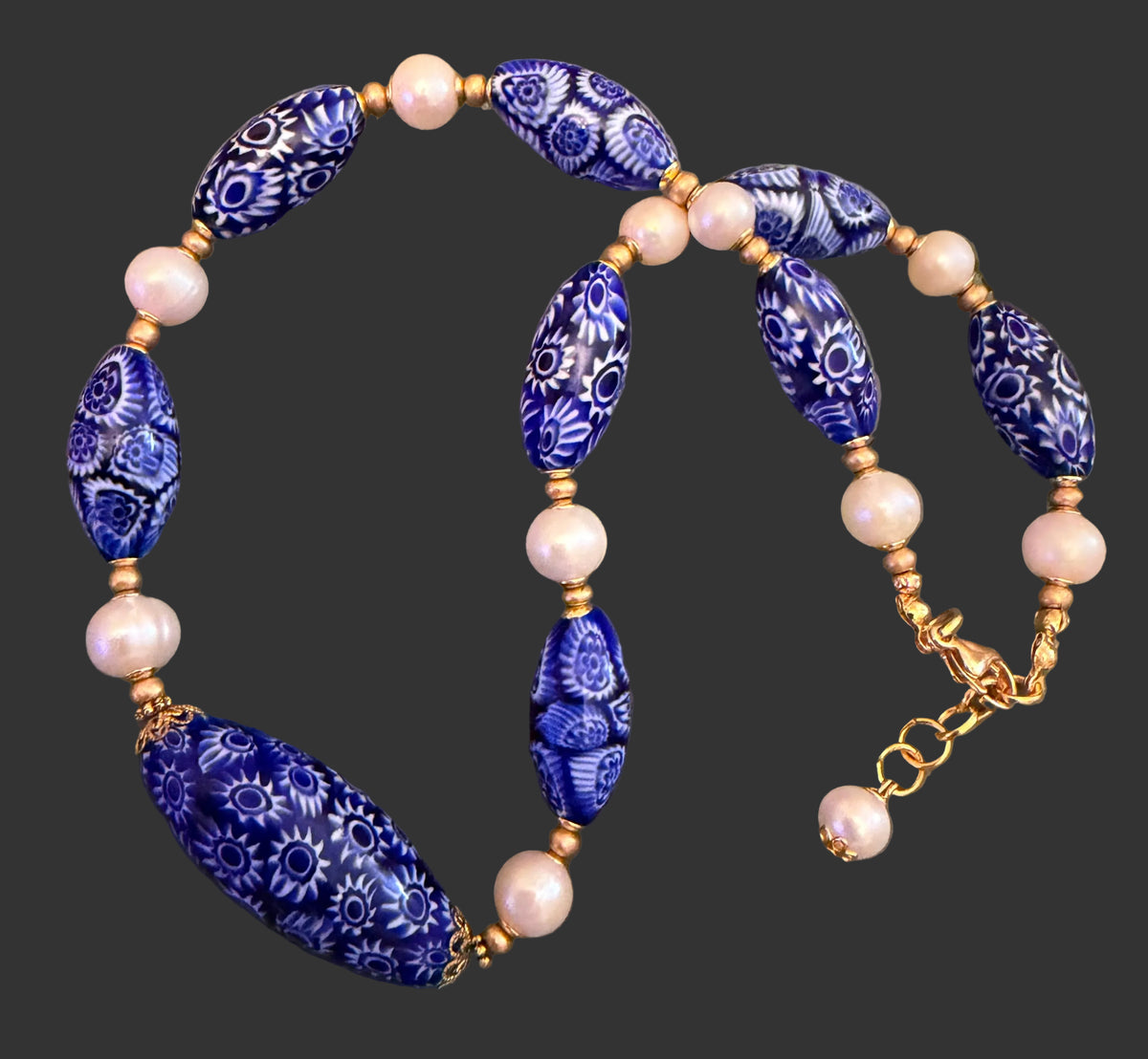 Rosario Leonardi Cobalt Blue Neckalce Featuring Handmade Murano Millefiori Torpedo Glass Beads