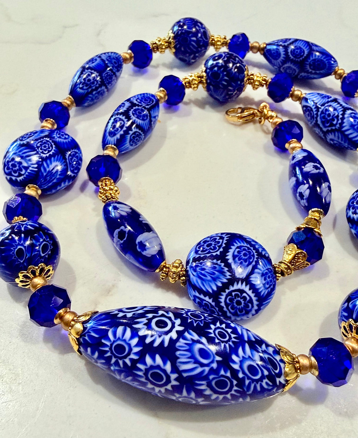 Rosario Leonardi Exclusive Ercole Moretti Cobalt Blue/ White Murano Millefiori Beaded Necklace-Choose your lenght