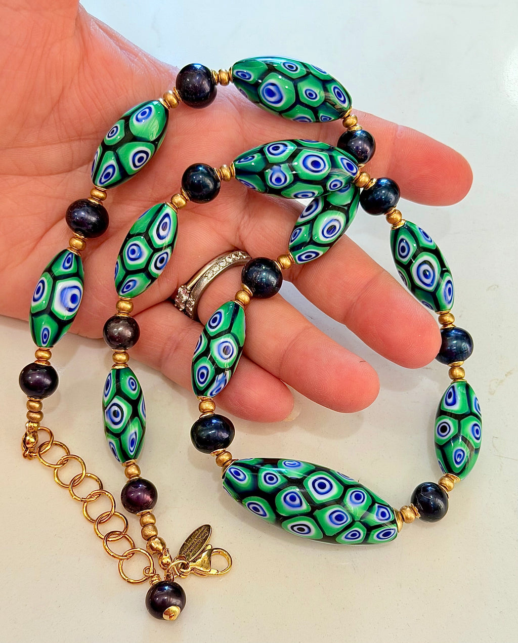Rosario Leonardi Dramatic Green & Navy Themed 22” Necklace Featuring Black Freshwater Pearls