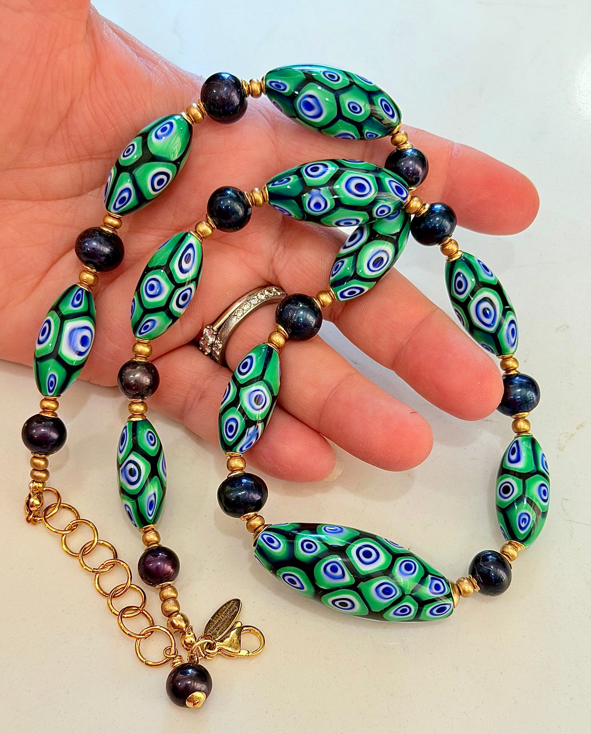 Rosario Leonardi Dramatic Green & Navy Themed 22” Necklace Featuring Black Freshwater Pearls