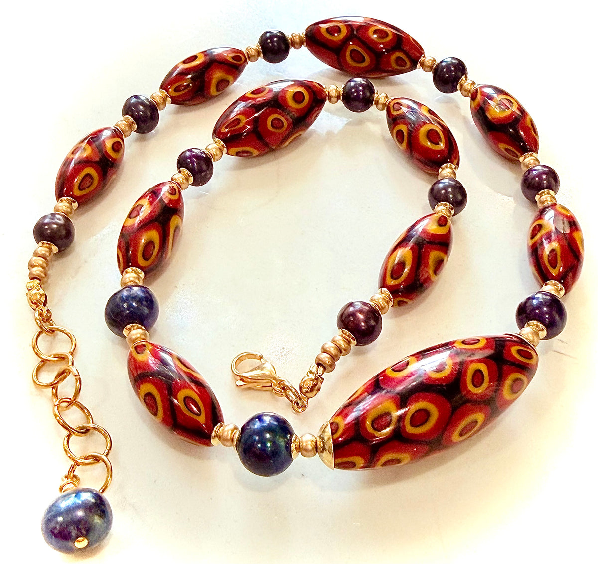 Rosario Leonardi Dramatic Red & Black Themed 22” Necklace Featuring 11mm Black Freshwater Pearls
