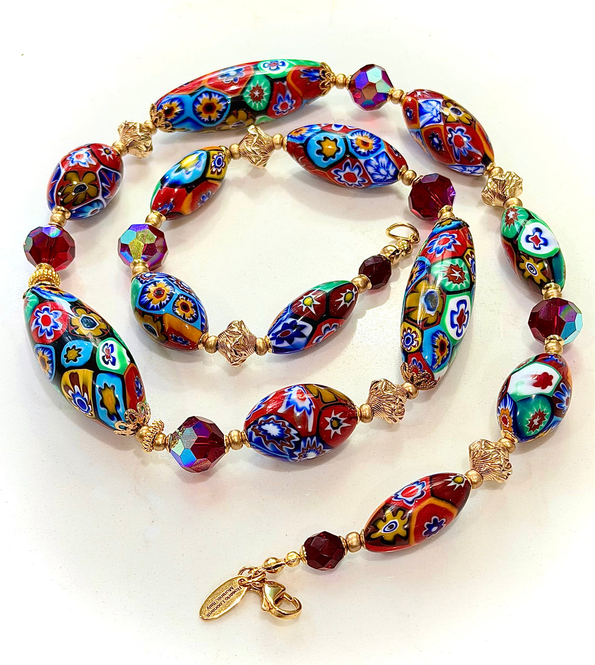 Rosario Leonardi Red Themed Necklace Featuring 12k GF Lantern Beads, Red A/B Vintage Swarovski Crystals & Exclusive Custom Beads Made just for our shop