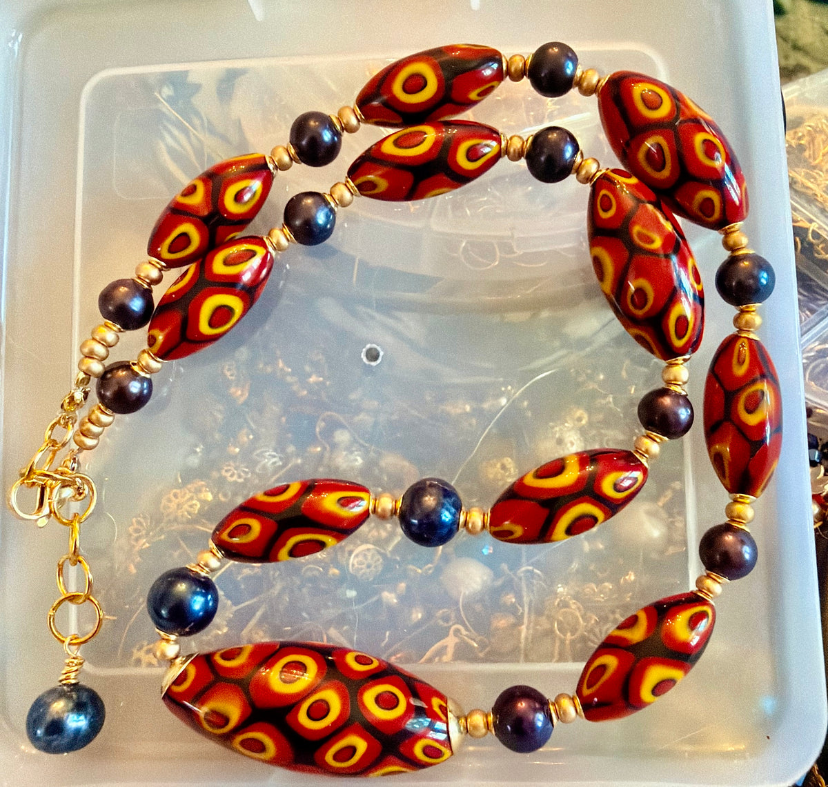 Rosario Leonardi Dramatic Red & Black Themed 22” Necklace Featuring 11mm Black Freshwater Pearls