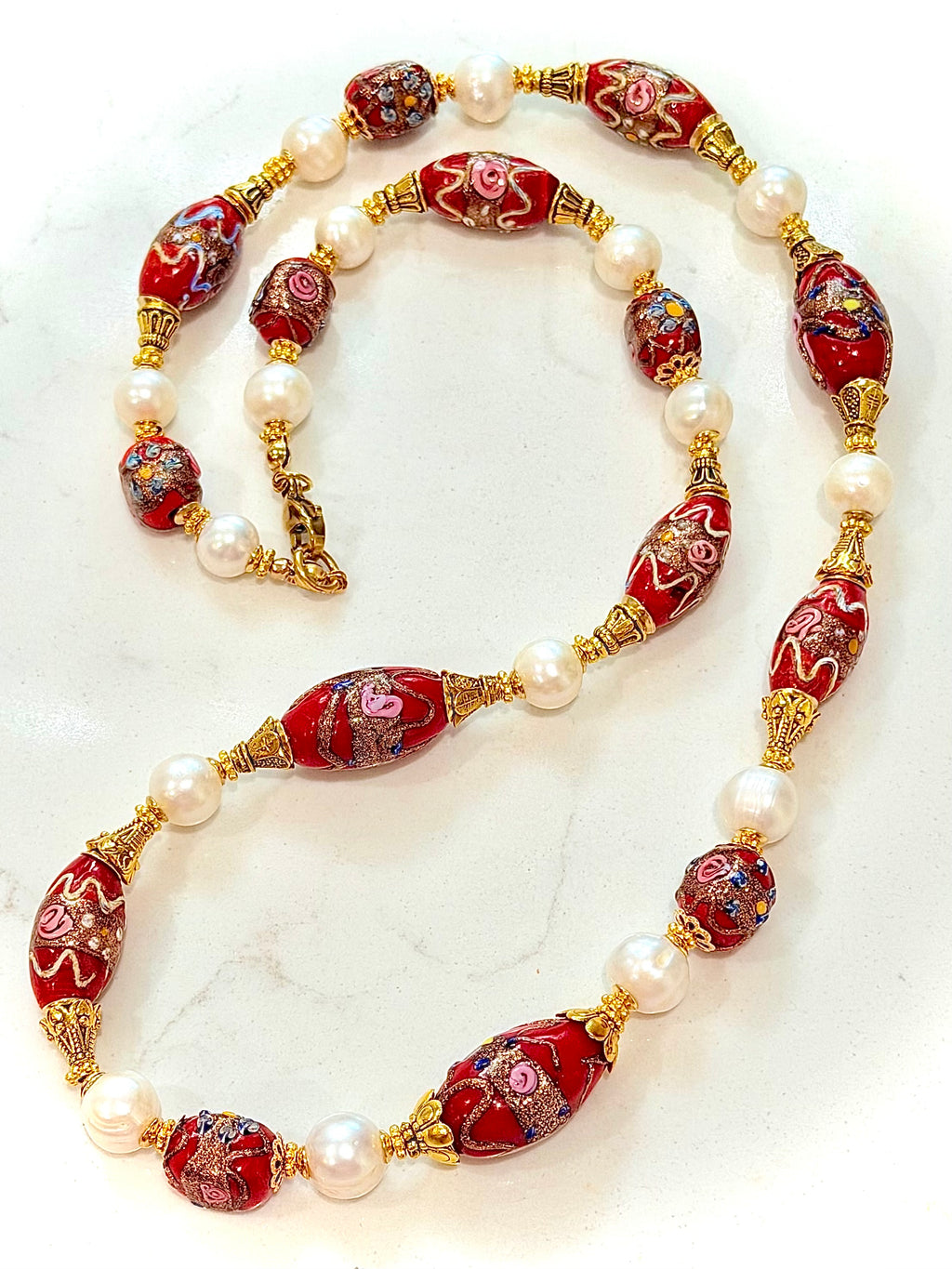Rosario Leonardi Vintage Red Venetian Wedding Cake & White Freshwater Pearl Beaded Necklace