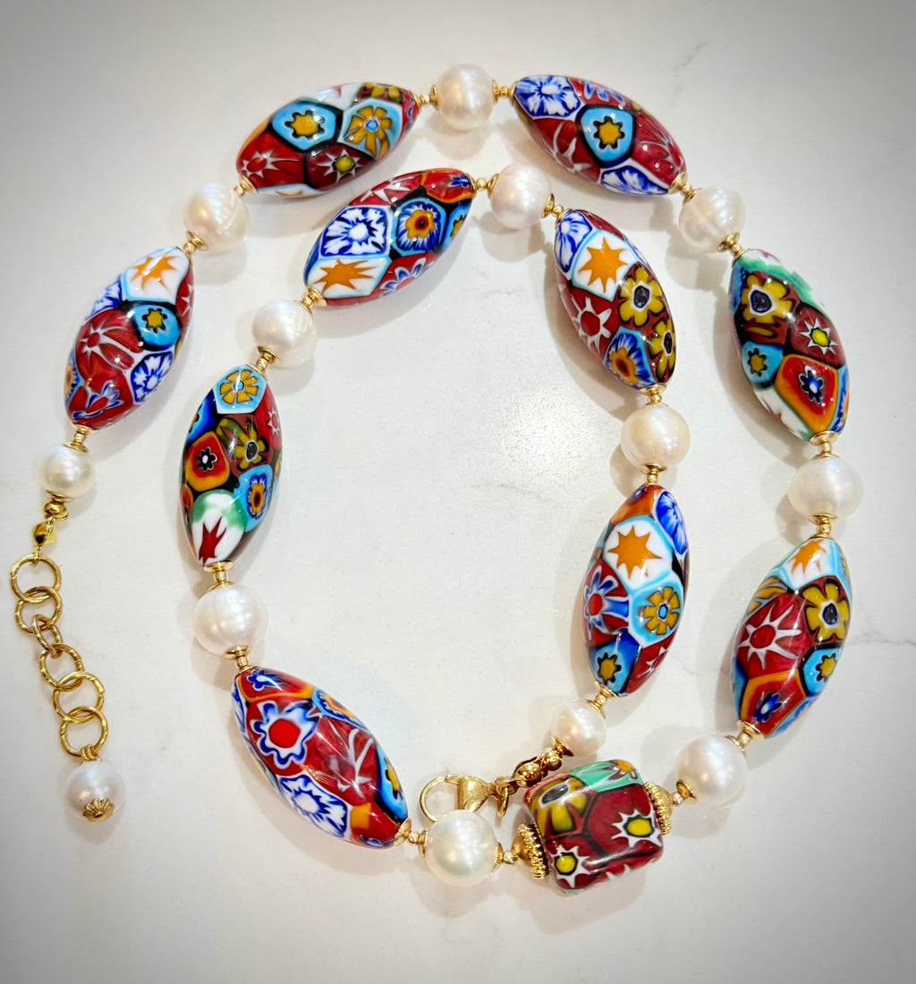 Rosario Leonardi Freshwater White Pearl & Moretti Red Mixed Beaded Necklace