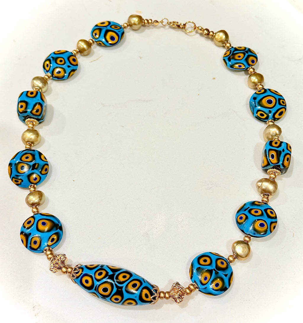 Rosario Leonardi Aqua & Yellow Themed Necklace Gold Freshwater Pearls