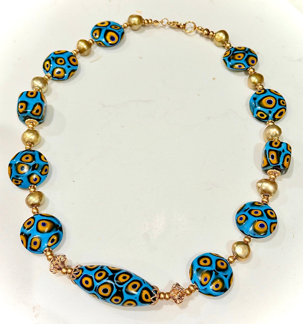Rosario Leonardi Aqua & Yellow Themed Necklace Gold Freshwater Pearls