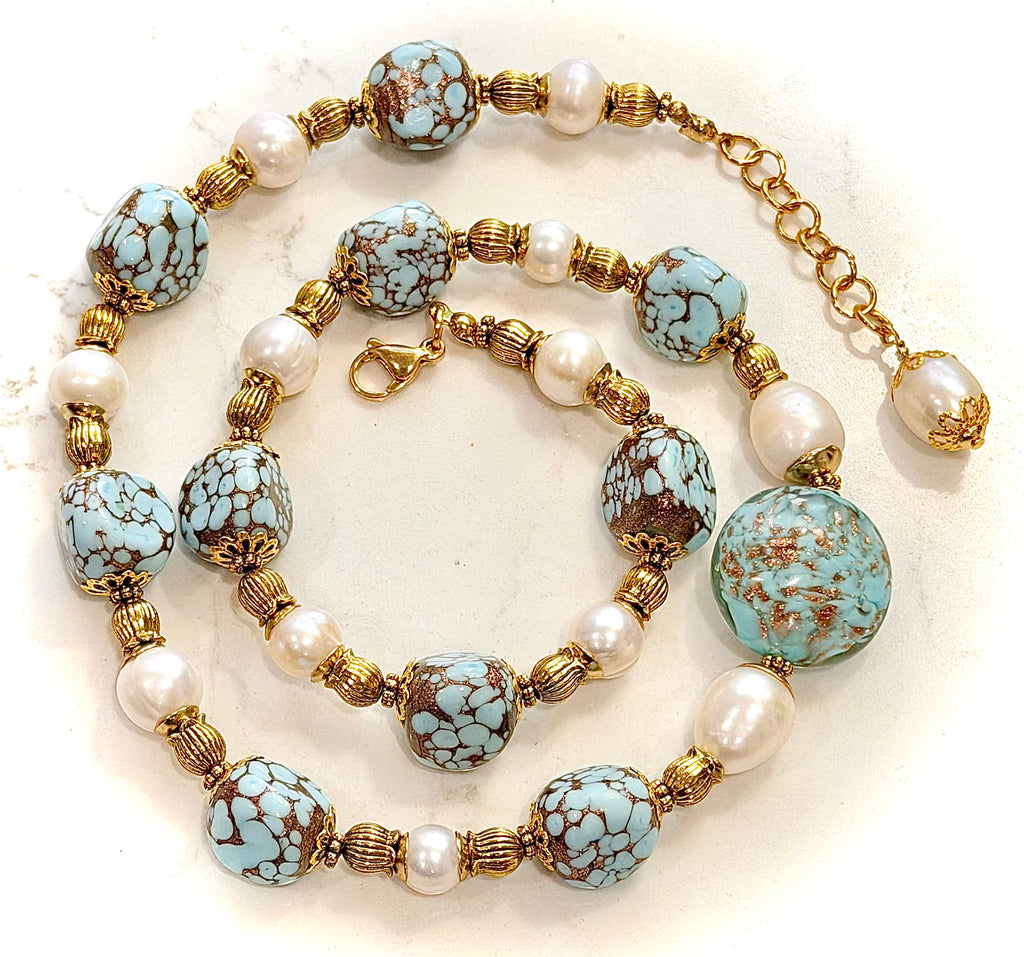Rosario Leonardi Vintage Faux Turquoise Aventurine, Large Murano  Sommerso Focal Bead & White Freshwater Pearl Necklace