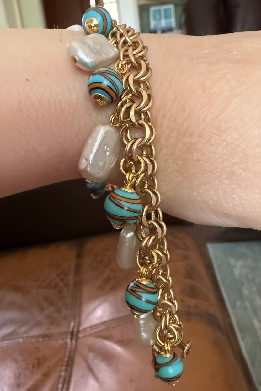 One of a kind 12k GF 1950’s Charm Bracelet Adorned With Rectangular White Freshwater Pearls & Ercole Moretti Aqua Ribbon Beads