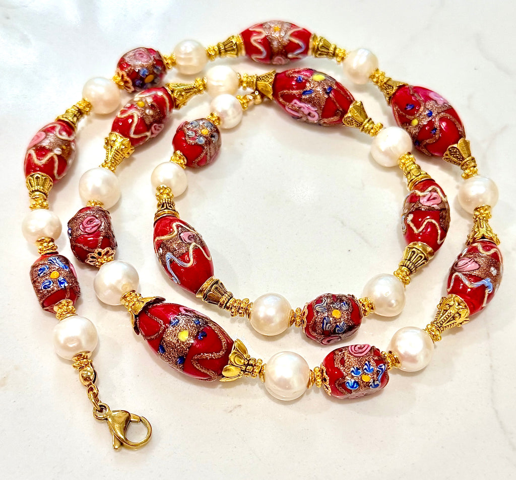 Rosario Leonardi Vintage Red Venetian Wedding Cake & White Freshwater Pearl Beaded Necklace