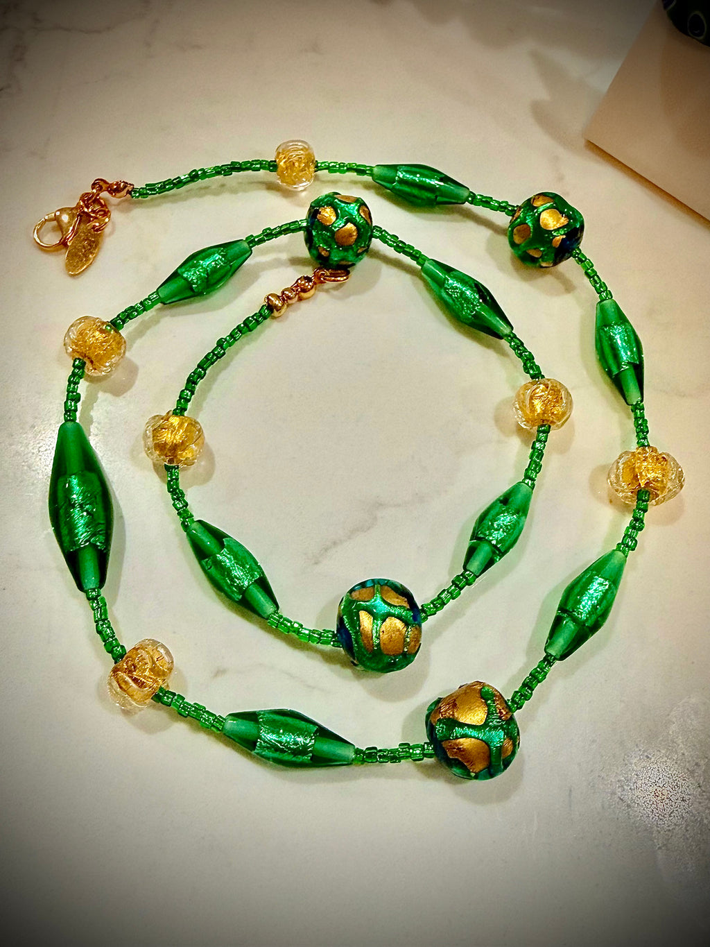 Rosario Leonardi “Boy That’s Green & Gold!” Murano Lampwork & Czech Glass Necklace, One of a Kind.