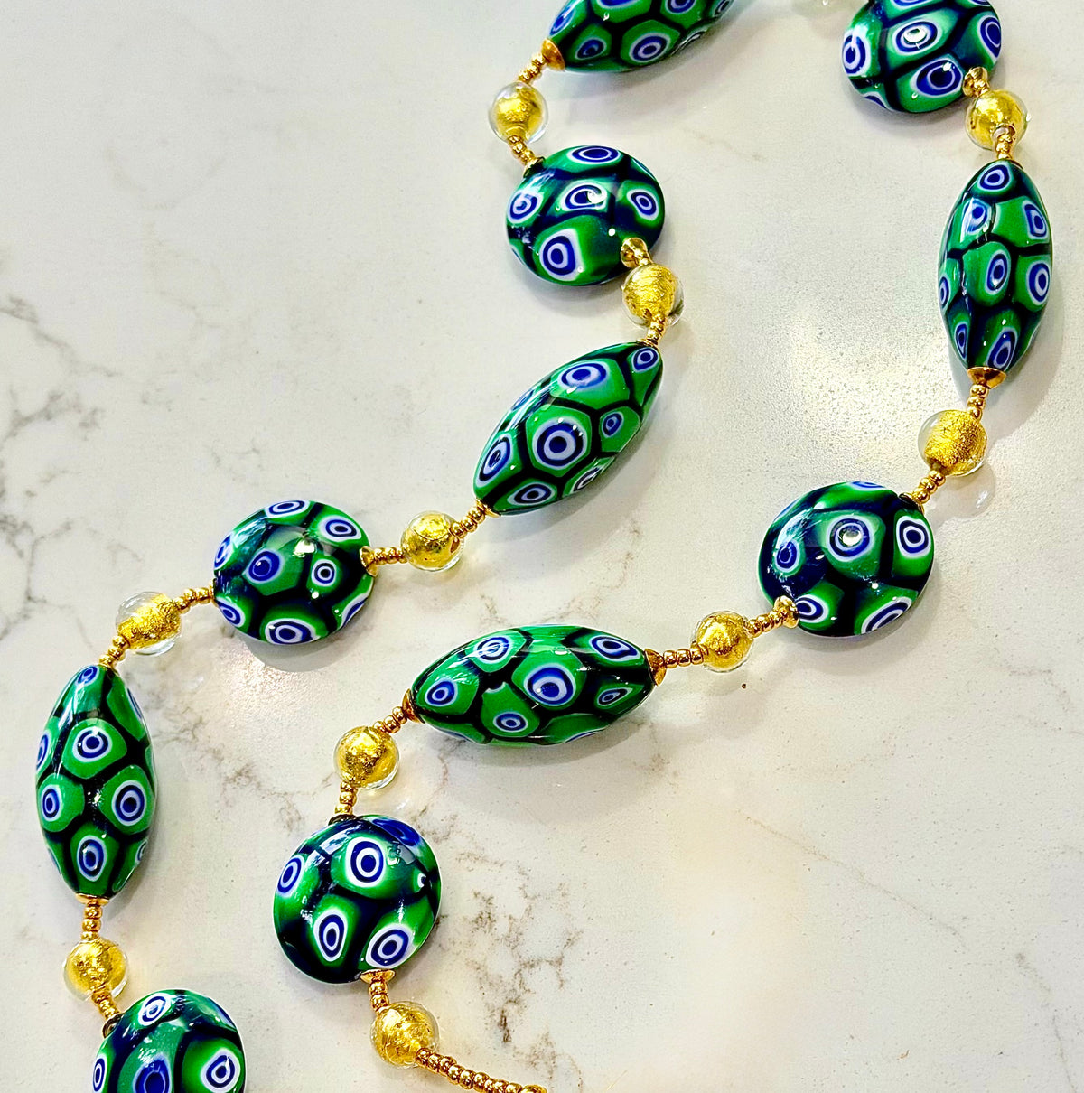 Rosario Leonardi “Green & Gold Goddess” Necklace Featuring EXCLUSIVE Ercole Moretti Beads