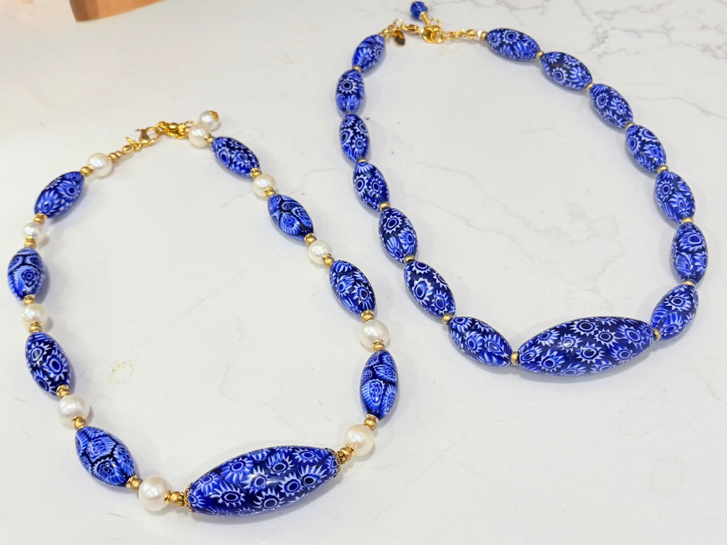 Rosario Leonardi Cobalt Blue Neckalce Featuring Handmade Murano Millefiori Torpedo Glass Beads