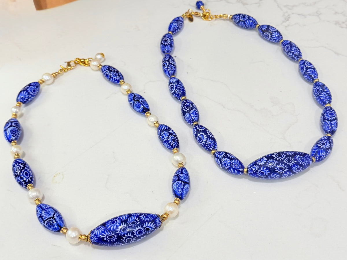 Rosario Leonardi Cobalt Blue Neckalce Featuring Handmade Murano Millefiori Torpedo Glass Beads