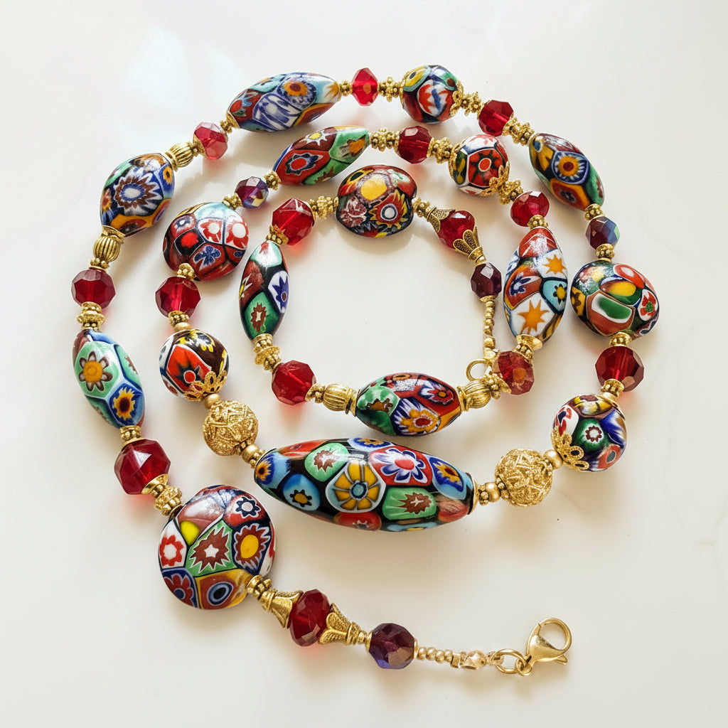 Rosario Leonardi Red Patterned Murano Millefiori Ercole Moretti Beaded Necklace-Choose your lenghti