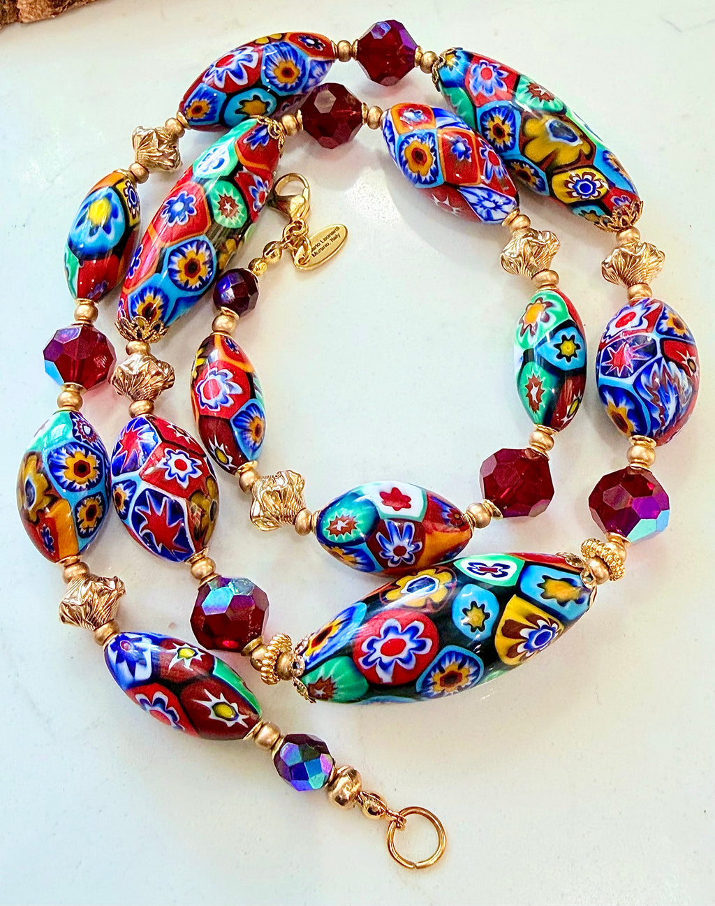Rosario Leonardi Red Themed Necklace Featuring 12k GF Lantern Beads, Red A/B Vintage Swarovski Crystals & Exclusive Custom Beads Made just for our shop