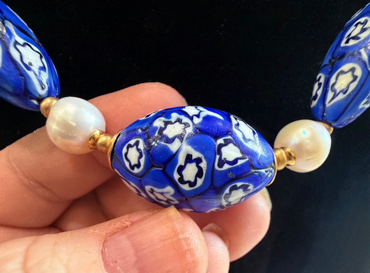 One Of A Kind 22”Blue & White Murano Glass Beads Paired with Fine White Freshwater Pears