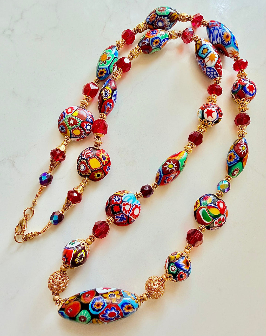 Rosario Leonardi Red Patterned Murano Millefiori Ercole Moretti Beaded Necklace-Choose your lenghti