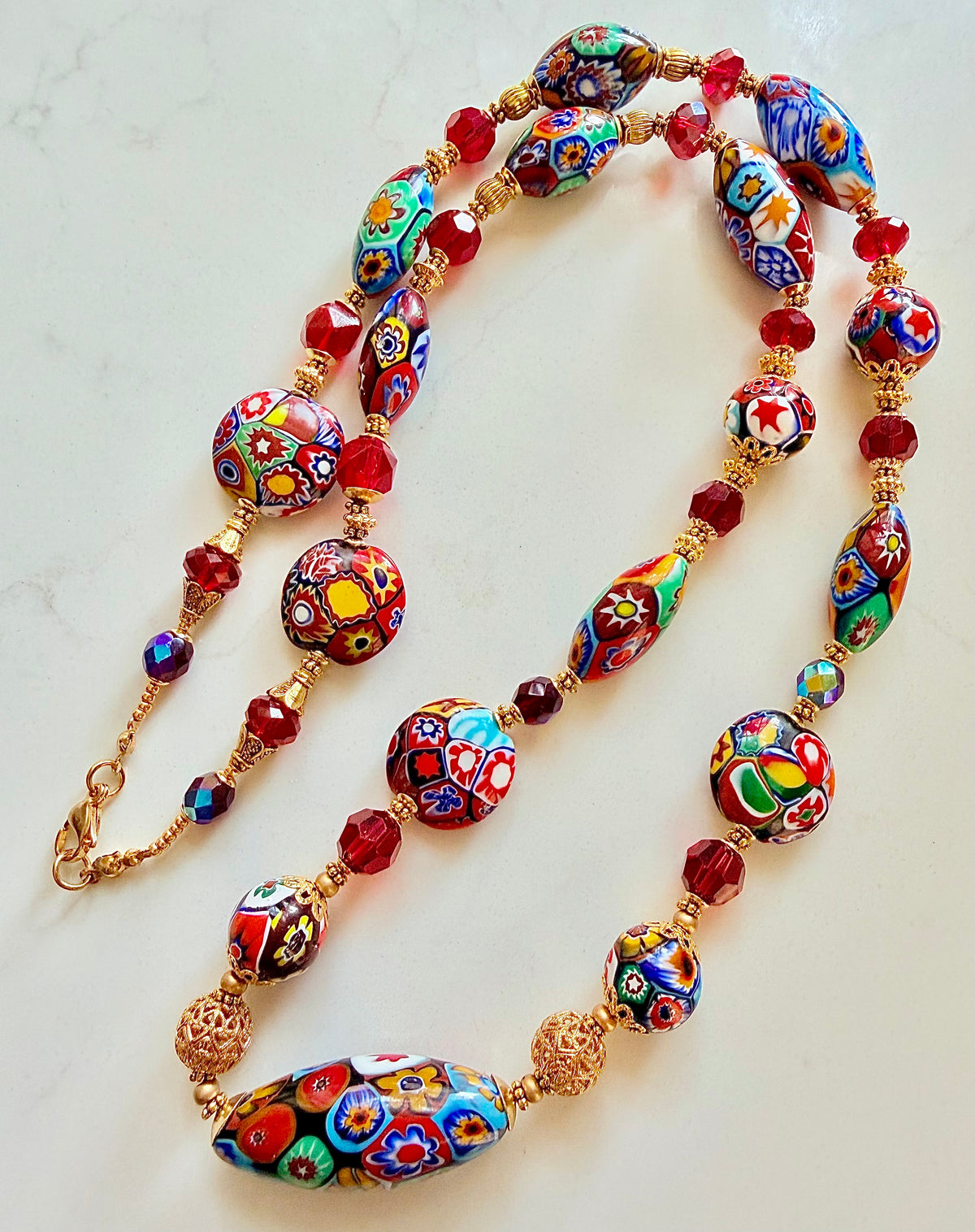 Rosario Leonardi Red Patterned Murano Millefiori Ercole Moretti Beaded Necklace-Choose your lenghti