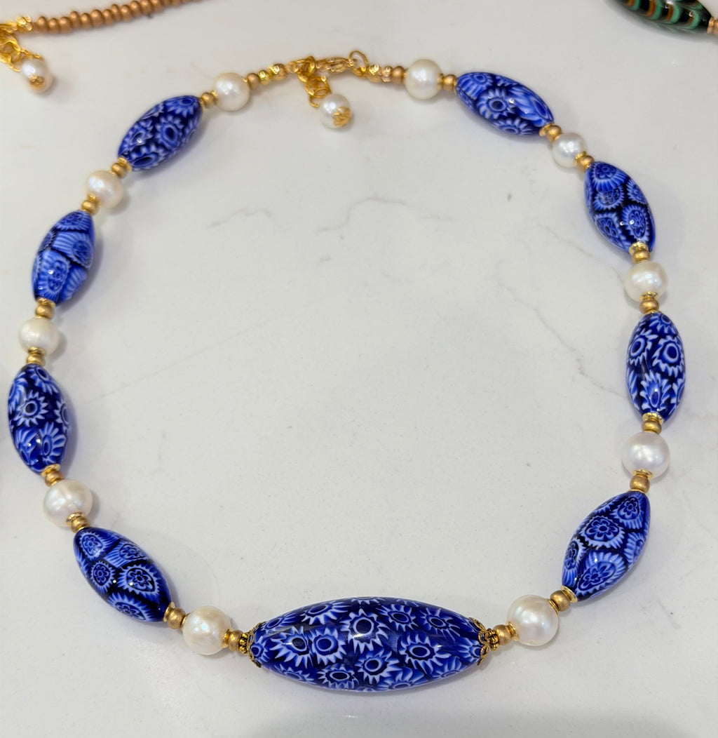 Rosario Leonardi Cobalt Blue Neckalce Featuring Handmade Murano Millefiori Torpedo Glass Beads