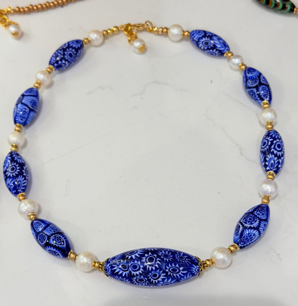 Rosario Leonardi Cobalt Blue Neckalce Featuring Handmade Murano Millefiori Torpedo Glass Beads