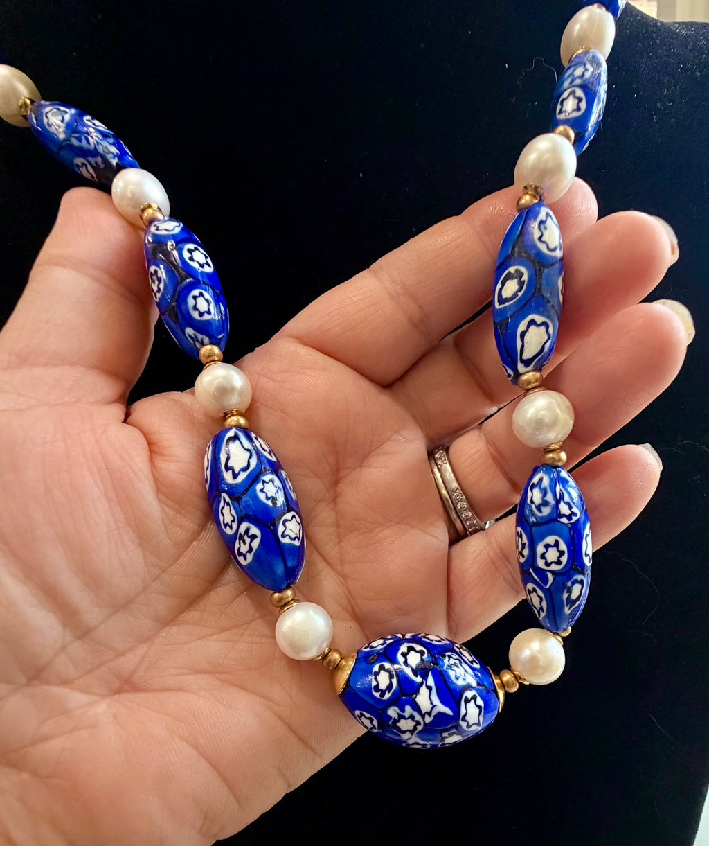 One Of A Kind 22”Blue & White Murano Glass Beads Paired with Fine White Freshwater Pears