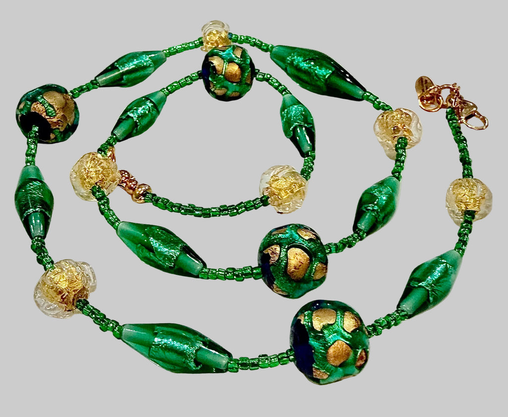 Rosario Leonardi “Boy That’s Green & Gold!” Murano Lampwork & Czech Glass Necklace, One of a Kind.