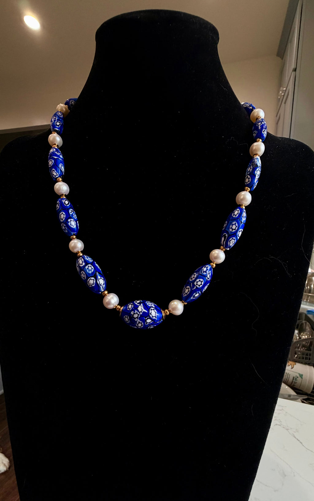 One Of A Kind 22”Blue & White Murano Glass Beads Paired with Fine White Freshwater Pears