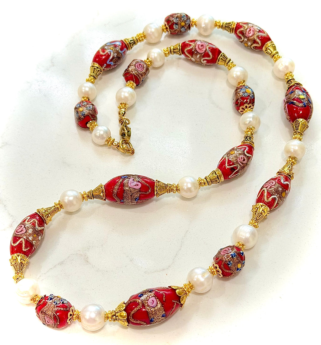 Rosario Leonardi Vintage Red Venetian Wedding Cake & White Freshwater Pearl Beaded Necklace